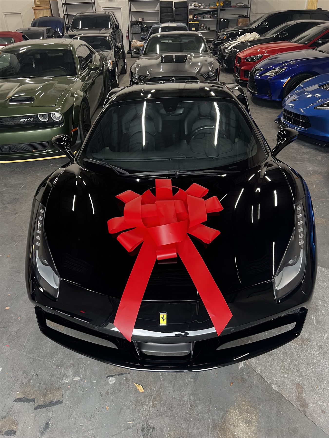 Black Ferrari with a red bow inside a premium car facility